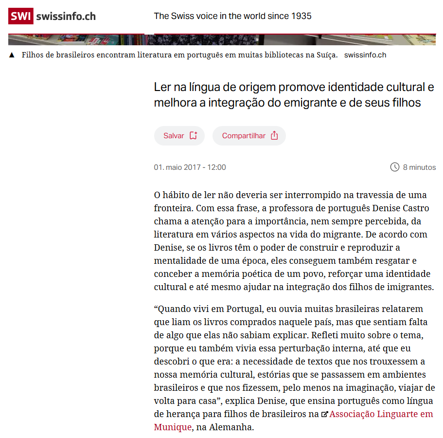 Excerpt from SWI swissinfo.ch feature from 2017 mentioning Portuguese teacher Denise Castro